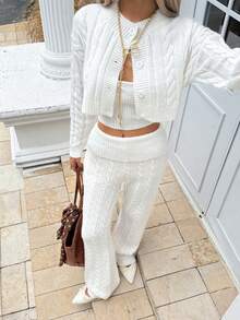 全新 Co-Ords 三件套毛衣套装，包含短款开衫、针织吊带上衣，搭配长裤，优雅休闲，适合女孩、民间婚礼服装、婚礼宾客搭配套装、外出、派对、居家、圣诞女士服装