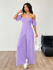 Jumpsuit elegante de pierna ancha con hombros descubiertos para mujer, mono largo bohemio con mangas cortas y volantes para fiesta, tejido muy elástico - Lila Púrpura - Ver 1