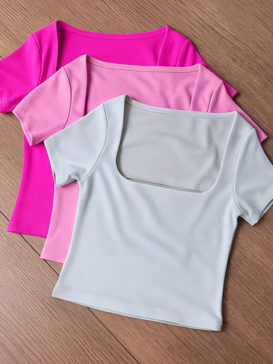 Square Suplex Cropped Top With Casual Lining For Women, Kit With 3 - 粉紅色/淡粉紅色/白色 - 查看 1
