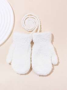 3双儿童冬季毛绒内衬针织保暖手套，带绳，适合幼儿和儿童