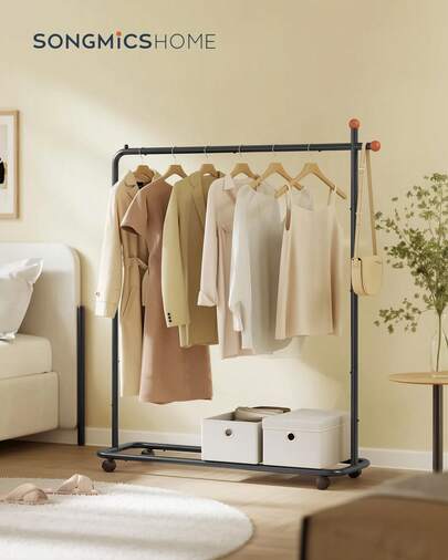 SONGMICS HOME Clothes Rack, Clothing Rack On Wheels, Portable Garment Rack, With 1 Clothes Hanging Rail, Matchstick-Shaped Hooks, Ink Black