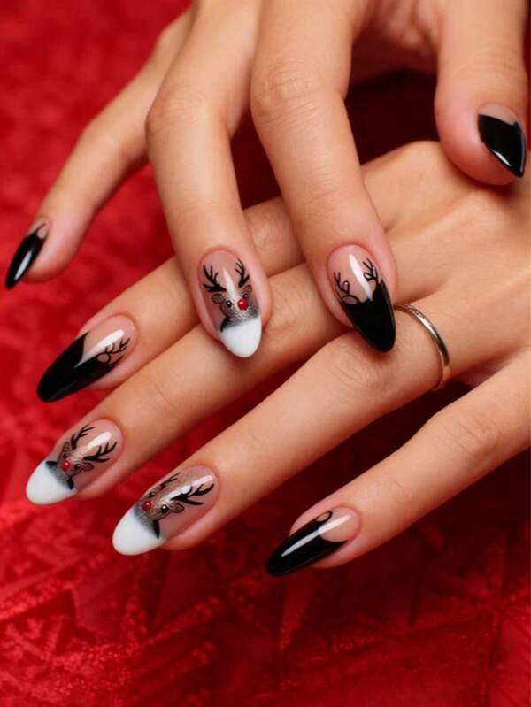 24 pezzi Unghie natalizie con punte francesi, unghie finte da applicare, stile Y2K, rosa chiaro, forma ovale media, con effetto ombré, glitter, motivi geometrici, stampe di cervi Sika e cartoni animati carini, con brillantini, riutilizzabili, con 24 pezzi di linguette in gel e una mini lima inclusi