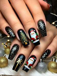Unhas de Natal, 24 Peças de Unhas, Unhas Postiças de Outono, Unhas de Papai Noel, Árvore de Natal, Boneco de Neve, Floco de Neve, Unhas Fofas, Unhas Postiças, Unhas Falsas, Unhas Pretas