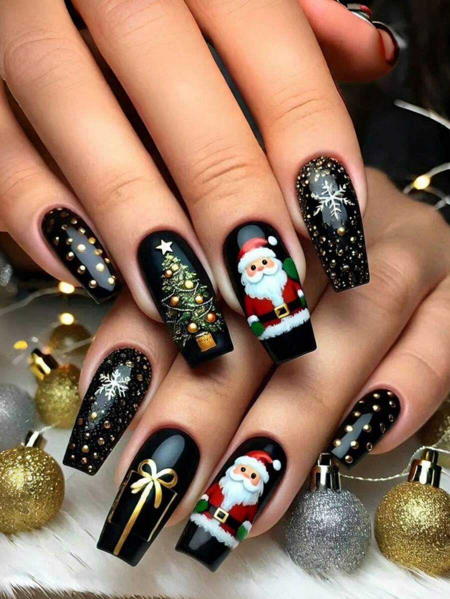 Unhas de Natal, 24 Peças de Unhas, Unhas Postiças de Outono, Unhas de Papai Noel, Árvore de Natal, Boneco de Neve, Floco de Neve, Unhas Fofas, Unhas Postiças, Unhas Falsas, Unhas Pretas