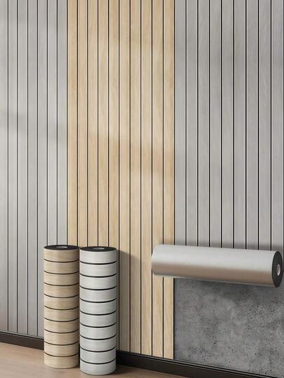 1roll Wood Wand Panel Peel Stick 40*300CM/15.7x118 In |,Wallpaper Roll,Wall Paper,Wallpaper Stick,Peel Panels,Stick On Wallpaper, Bruin ative Slat Wallpaper Living Room, Self Adhesive Covering Panels Cabinets view 4