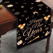 1Pc 2026 Black Gold New Year Linen Table Runner,Happy New Year Table Cover With Balloons,Firework And Gifts Design,183*33cm Linen Cloth Tablecloth,New Year Home Decor,New Year Party Supplies,New Year Celebration Decorations,New Year's Eve Decor,Kitchen Decor,Tabletop Decor