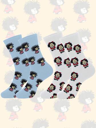 全新经典人物 Mafalda 风格高品质女士袜子，休闲卡通女士袜子，适合所有季节