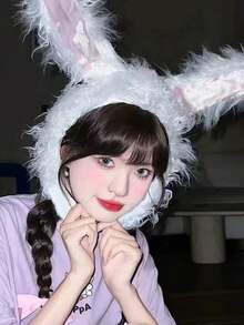 1pc Cute Plush Rabbit Long Ear Beanie Hat, Warm Ear Protection For Women, Autumn/Winter, Halloween Decoration