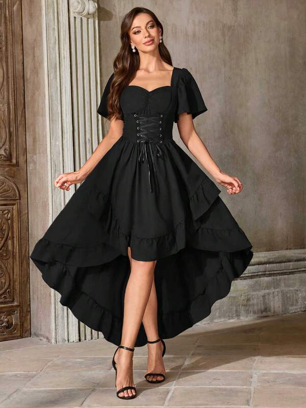 Vintage French Palace Style Square Neck Bow Tie Ruffle Hem Asymmetrical Hem Women Dress, Suitable For Daily Wear, Halloween, Carnival And Other Events