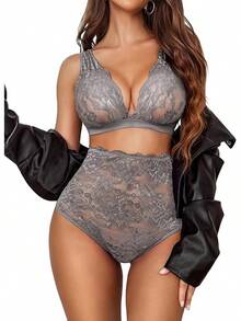 - Conjunto de lencería halter para mujer, conjunto de lencería de encaje - Gris apagado - Ver 8