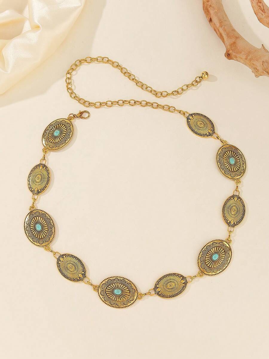 1 قطعة سلسلة خصر معدنية بشكل بيضاوي على طراز الفينتاج بزهرة الأقحوان، إكسسوار أنيق وعصري للفساتين والبدل والكنزات