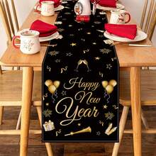 1Pc 2026 Black Gold New Year Linen Table Runner,Happy New Year Table Cover With Balloons,Firework And Gifts Design,183*33cm Linen Cloth Tablecloth,New Year Home Decor,New Year Party Supplies,New Year Celebration Decorations,New Year's Eve Decor,Kitchen Decor,Tabletop Decor