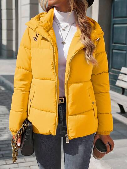 Chamarra Acolchada Corta Para Mujer, Chamarra Básica Cálida Con Capucha De Color Liso