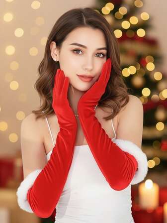 1 Pair Christmas Long Cuff Red Santa Gloves, Plush Gloves For Party, Fall / Winter