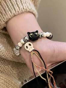 2 piezas Pulsera de mujer de cerámica con diseño único de gato esqueleto, pulsera de pareja con cuentas de borla de color dulce, adecuada como regalo para otros