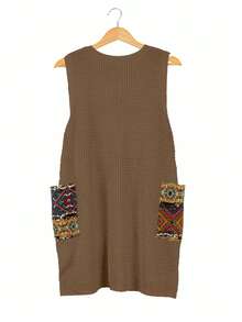 大码休闲V领随机印花口袋针织毛衣连衣裙 春季 - 棕色 - 查看 5