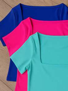Square Suplex Cropped Top With Casual Lining For Women, Kit With 3 - Bic Blue/Pink/Water Green - View 2