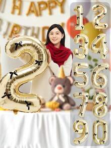 7 件 40 英寸铂金数字气球套装，黑色蝴蝶结丝带 0-9 铝箔数字气球适用于生日派对、周年纪念装饰 - 白金 - 查看 3