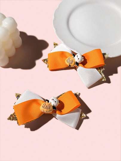 2pcs Halloween Orange & White Bow Pumpkin Hair Clips, Kids Hair Accessories