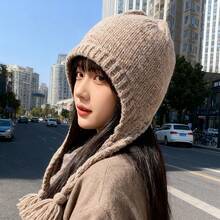 Autumn Winter Gentle Style Knitted Earflap Hat With Tassel Decoration, Warm Face-Slimming Cold Hat, Autumn Winter Cold-Proof Warm Earflap Knitted Hat, Outdoor Tie-Up Head Wrap Versatile Pullover Hat