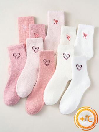 1/5/10 双装女士简约蝴蝶结加厚保暖绒袜，带蝴蝶结装饰，温暖柔软，短袜，适合居家、睡眠和室内活动，舒适休闲服，寒冷天气必备，爱心图案加厚袜子