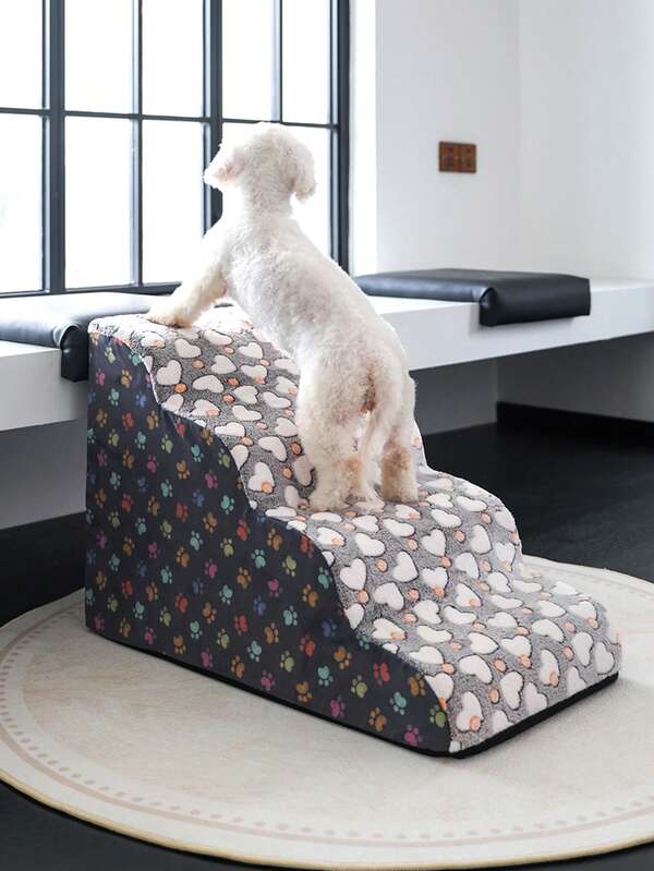 1pc Plush Pet Stairs, Removable Small Cat Dog Ladder For Bed/Sofa, Washable Foam Non-Slip Bottom, Suitable For Small/Medium Pets And Elderly Cats