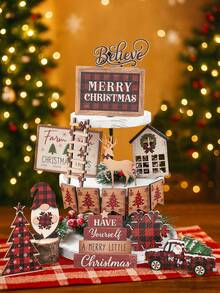16 pezzi Set di vassoi a più livelli per decorazioni natalizie, set di decorazioni in legno appese con motivi di camion, renne, fiocchi di neve, alberi di Natale, decorazioni natalizie rustiche, centrotavola, decorazioni natalizie allegre, decorazioni natalizie per la casa - Multicolore - Visualizzare 7