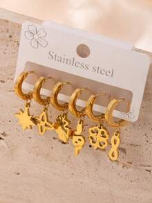 Set de 6 piezas de aretes con diseños minimalistas de estrella, trébol e infinito, adecuado para uso diario o fiestas de chicas adolescentes
