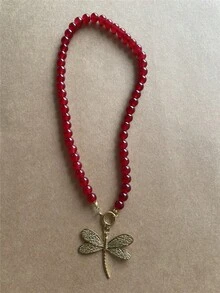 1pc Exaggerated Colorful Beaded Necklace, Fashion Stainless Steel Animal Dragonfly Eagle Pendant Choker Necklace For Women