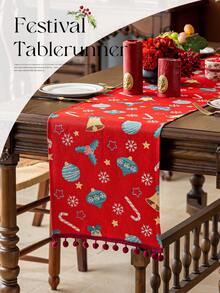 1 Stück roter Weihnachts-Tischläufer mit Schneeflocken- und Glockenmuster, Weihnachtsparty Tischdekoration mit Bommel-Bordüre, geeignet für Weihnachts-Feiertagsparty Tischdekoration Zuhause - Rot - Übersicht 5