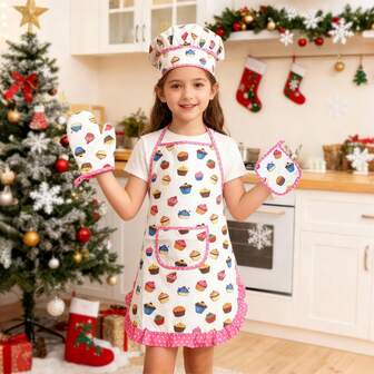 Kids Cake Pattern Apron Baking Tool Pretend Play Set Toy, Role Play For Boys And Girls To Learn Cooking, Develop Hands-On Ability, Suitable For Holiday Parties, Halloween & Christmas Gifts