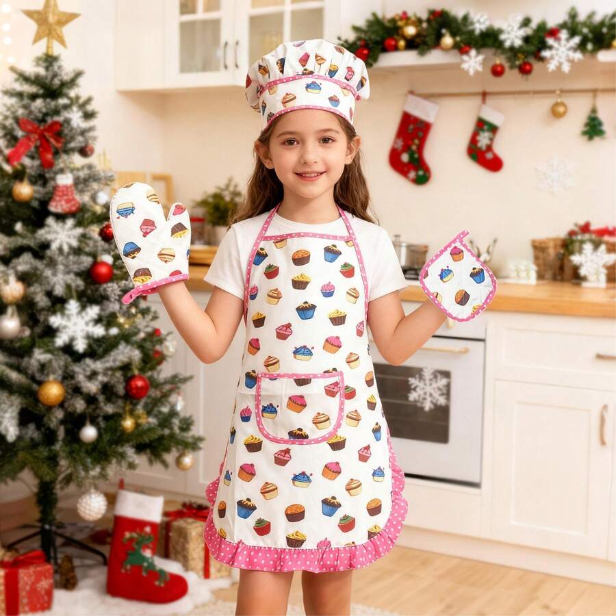 Kids Cake Pattern Apron Baking Tool Pretend Play Set Toy, Role Play For Boys And Girls To Learn Cooking, Develop Hands-On Ability, Suitable For Holiday Parties, Halloween & Christmas Gifts