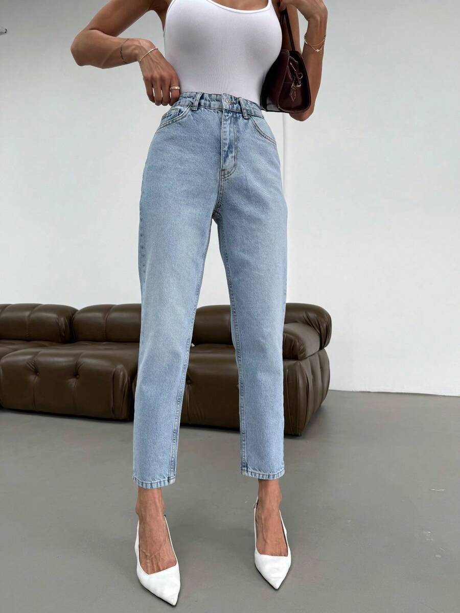 Blugi din denim cu talie înaltă, simpli, casual, confortabili, cu buzunar și nasturi cu fermoar