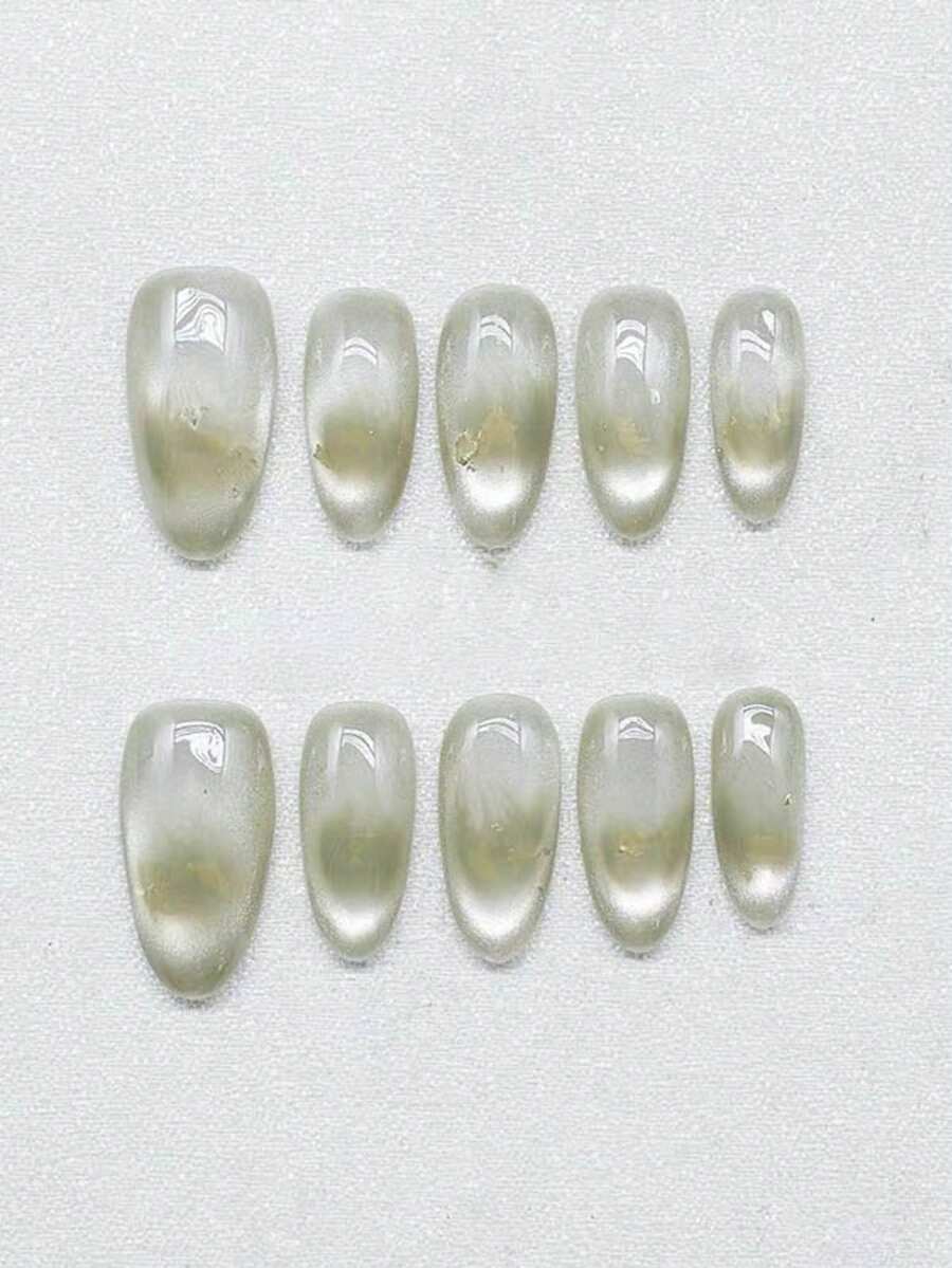 10片纯手工制作的中长款美甲贴片，绿色亮片装饰，适合温柔的女性和女孩，春夏秋冬皆宜，适合节日和日常生活使用。 - 綠色 - 查看 1