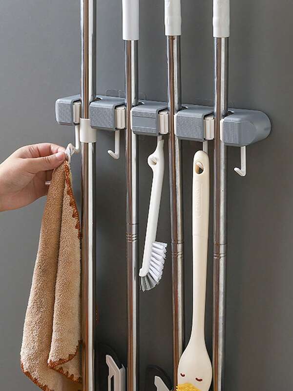 1 قطعة حامل مكنسة مثبت على الحائط - خطاف بدون ثقب - رف تخزين للحمام والمرحاض