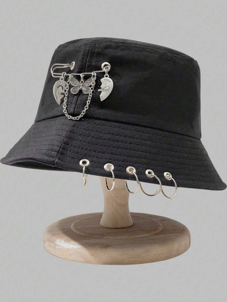 DareSee 蝴蝶与爱心装饰渔夫帽街头圣诞骷髅骨架情人节音乐节Y2K节返校季秋季圣诞节冬季圣诞节礼物 - 黑色 - 查看 1