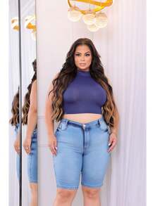 Women's Plus Size Bermuda Jeans High Waist With Lycra Shorts Mr Jeans - Azul Claro - 查看 7
