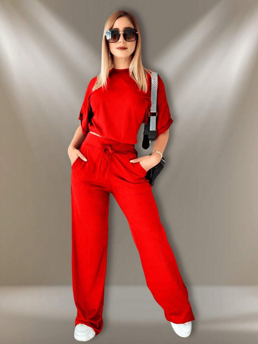 Camiseta de cuello redondo y mangas estilo murciélago y pantalones con cordón en la cintura, ideal para otoño - verano- invierno, comodo, tiro alto, bonito, comodo, casual, informal, oficina, calle, regalo,