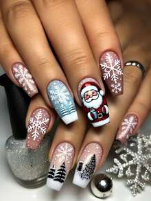 Unhas de Natal, 24 Peças de Unhas, Unhas Postiças de Outono, Unhas de Papai Noel, Árvore de Natal, Boneco de Neve, Floco de Neve, Unhas Fofas, Unhas Postiças, Unhas Falsas, Unhas Azuis