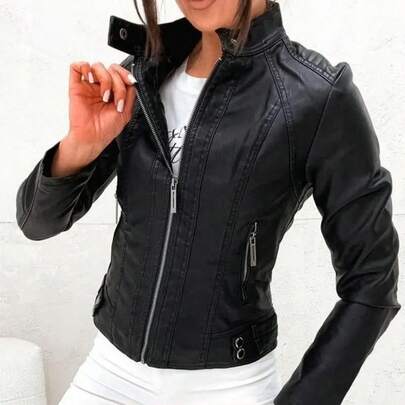 Chaqueta de moto de PU para mujer con cuello de béisbol, cremallera y bolsillos, mangas largas, ajuste regular, ligera, adecuada para usar en otoño.