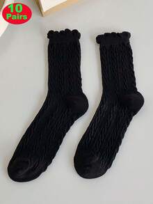 5 Pairs Women's Solid Color Braided Fashion Casual Versatile Mid-Calf Lace Socks, Fall Socks