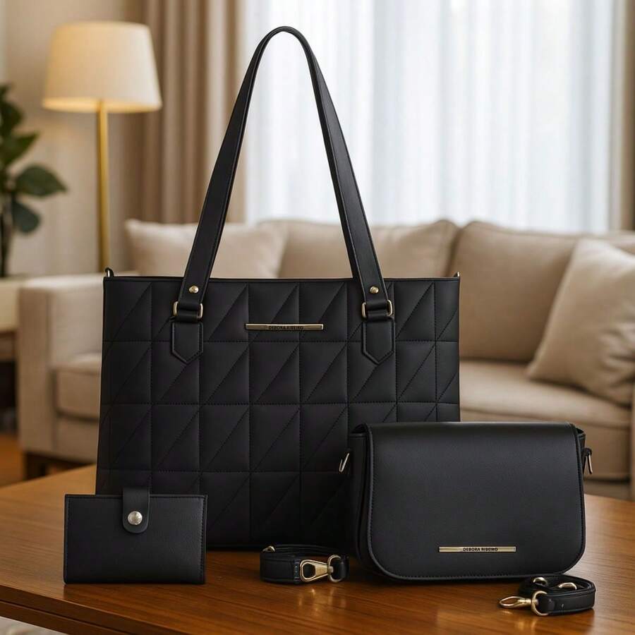 Kit Bolsa Feminina Grande Sacola Espaçosa + Pequena De Ombro Versátil + Carteira Porta Cartão Lançamento - Preto - Visão 1