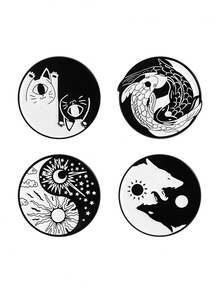 4 piezas Alfileres de solapa personalizados con diseño de Yin-Yang, Bagua, Koi, sol, luna y gato en esmalte como regalo para niños y amigos
