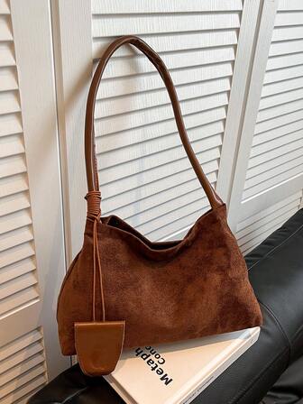Women's Brown Suede Hobo Shoulder Bag - Soft And Stylish Design With Woven Leather Detail On Handle, Detachable Leather Decor, Ideal For Daily Use