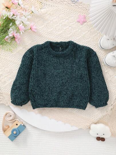Suéter de punto de manga larga de cuello redondo de unicolor para niña bebé