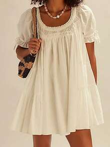Women Puff Sleeve Babydoll Mini Dress Y2K Lace Trim Square Neck Flowy Mini Dress Bow Tie Ruffle A Line Short Dress Summer Loose Swing Going Out Sundress - 白色 - 查看 4