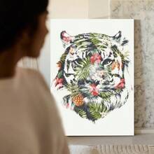 1Pc 2D Flat Printing Tropical Tiger Head, Floral Embellishments, Watercolor Illustration Style Canvas Wall Art For Living Room Wall Decor For Bedroom Bathroom Framed Wall Poster Art Prints Ready To Hang Pictures Home Decorations - 彩色 - 查看 5