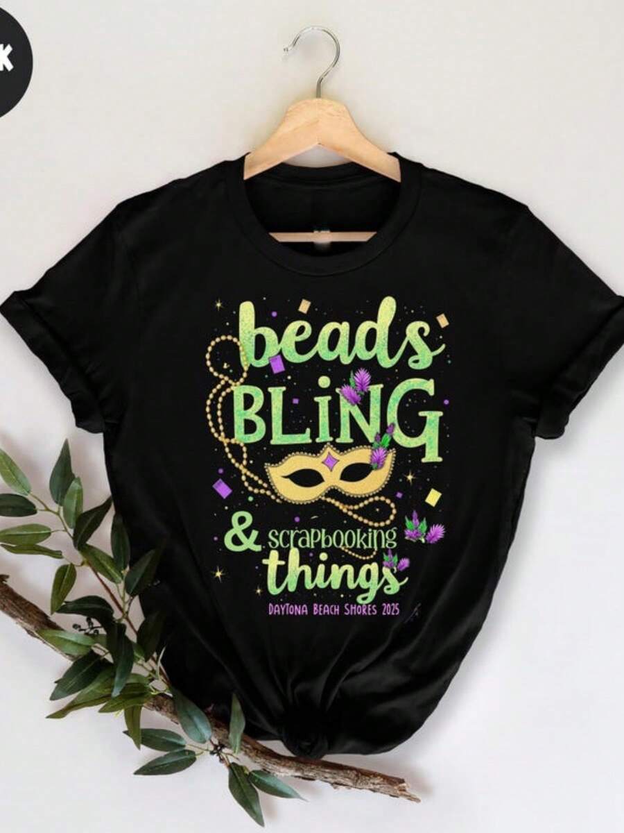 Mardi Gras T-Shirt Beads Bling Scrapbooking Beach Retreat, Fun Carnival Party Graphic Top Men Women, - 黑色 - 查看 1