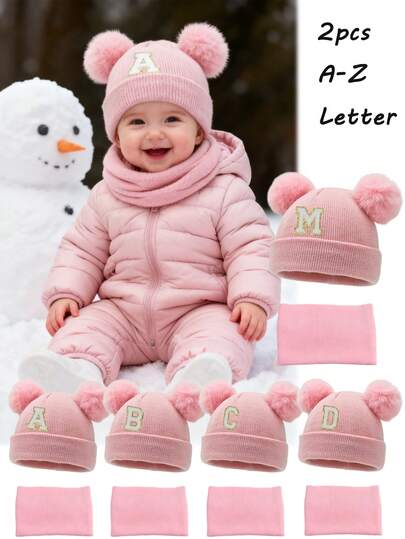 2pcs/Set Toddler 26 Letter Pattern Knit Hat & Scarf Set, Suitable For Baby Boys And Girls, Children Soft Winter Knit Hat With Double Pom Poms, Children Warm Neck Scarf, Suitable For Autumn/Winter Indoor And Outdoor Daily Wear