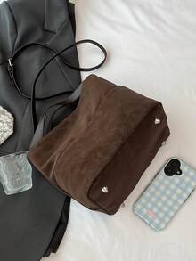 仿皮纯色多口袋绒面水桶包，复古风格手提包和单肩包，秋冬新品 - 彩色 - 查看 5